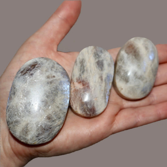 Moonstone Palm Stone with Rainbow Aura Inclusions - Wax | Wane