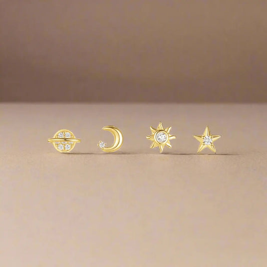 Sterling Silver Celestial Earrings - 4 piece Set with Saturn, Moon, Star, and Sun - Wax | Wane