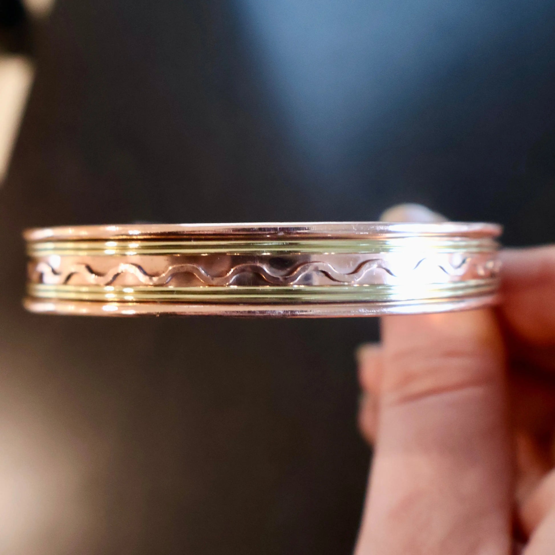 Copper Cuff Bracelet, Pure Copper with Two - Tone Brass Wave Design and 2 Magnets, Stress Relief - Wax | Wane