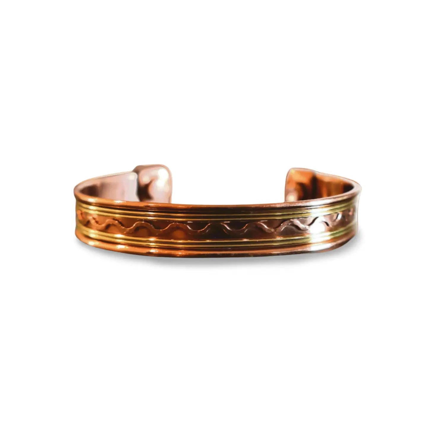Copper Cuff Bracelet, Pure Copper with Two - Tone Brass Wave Design and 2 Magnets, Stress Relief - Wax | Wane