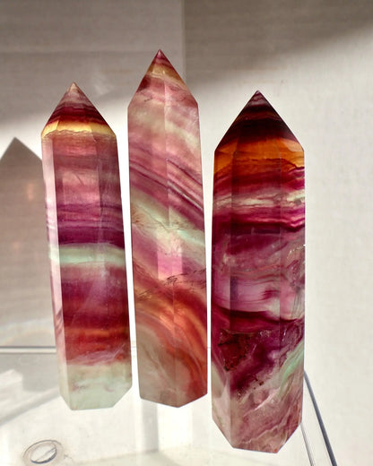 glimmering Fluorite Crystal Tower, Natural Watermelon Color in Pink and Green in macro texture