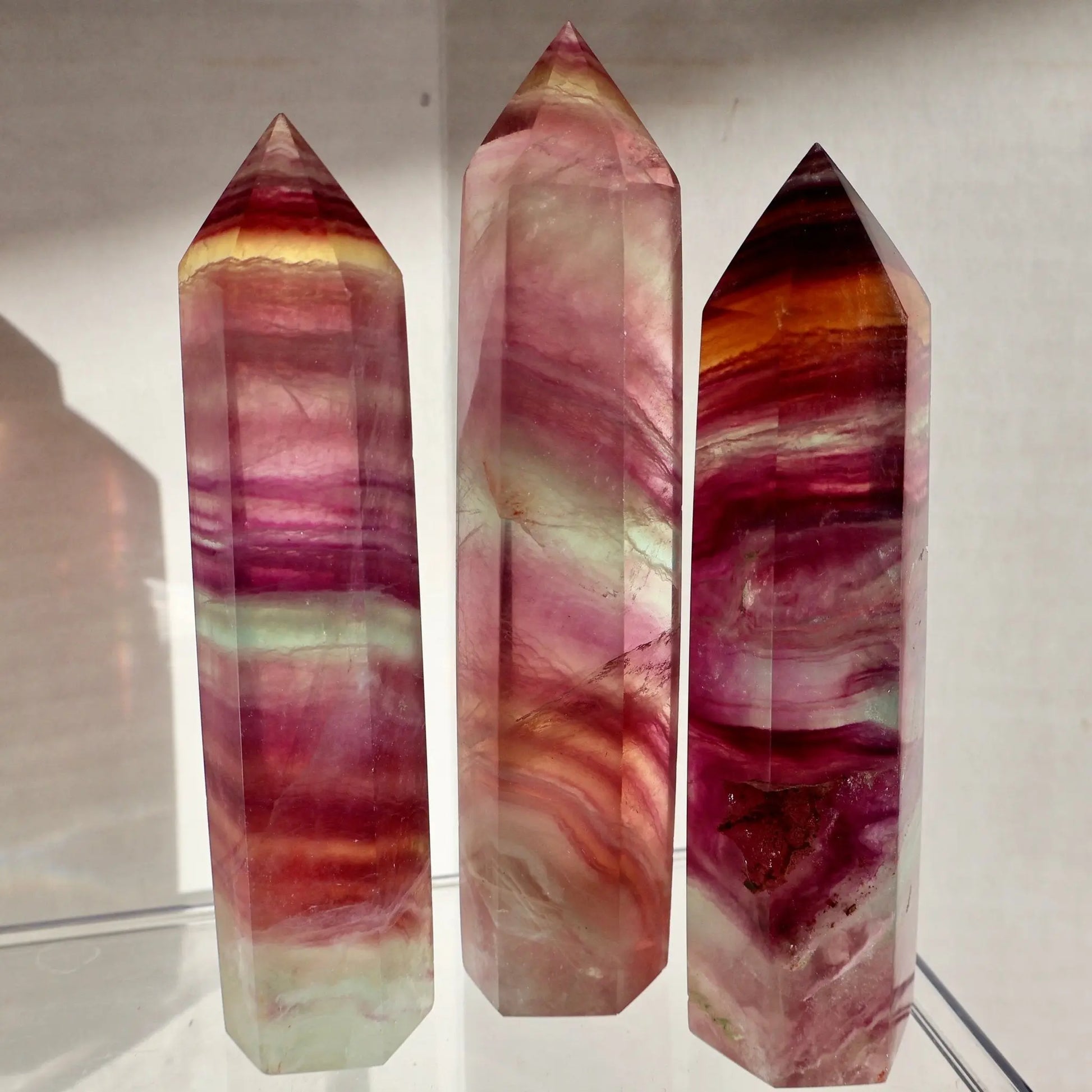 natural Fluorite Crystal Tower, Natural Watermelon Color in Pink and Green in detail view