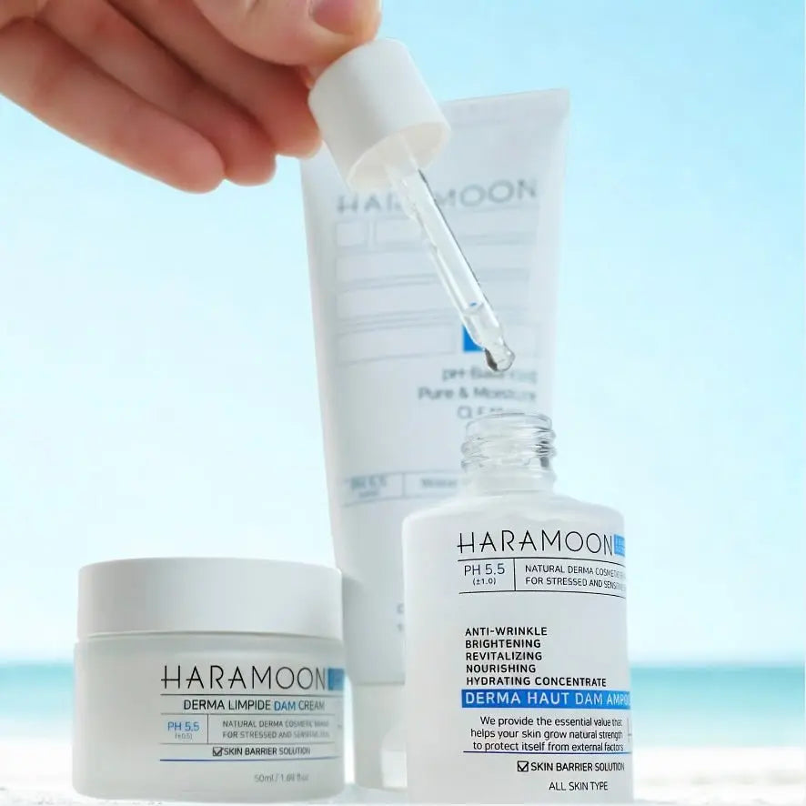 Haramoon skincare products with a dropper and jar on a light blue background