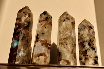 Moonstone Crystal Obelisk with Natural Rainbow Aura Inclusions, 3 - 4" - Wax | Wane