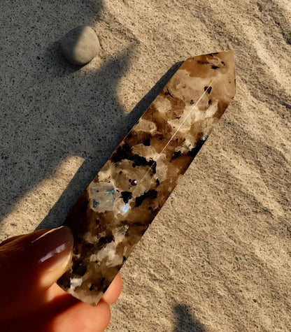 Moonstone Crystal Obelisk with Natural Rainbow Aura Inclusions, 3 - 4" - Wax | Wane