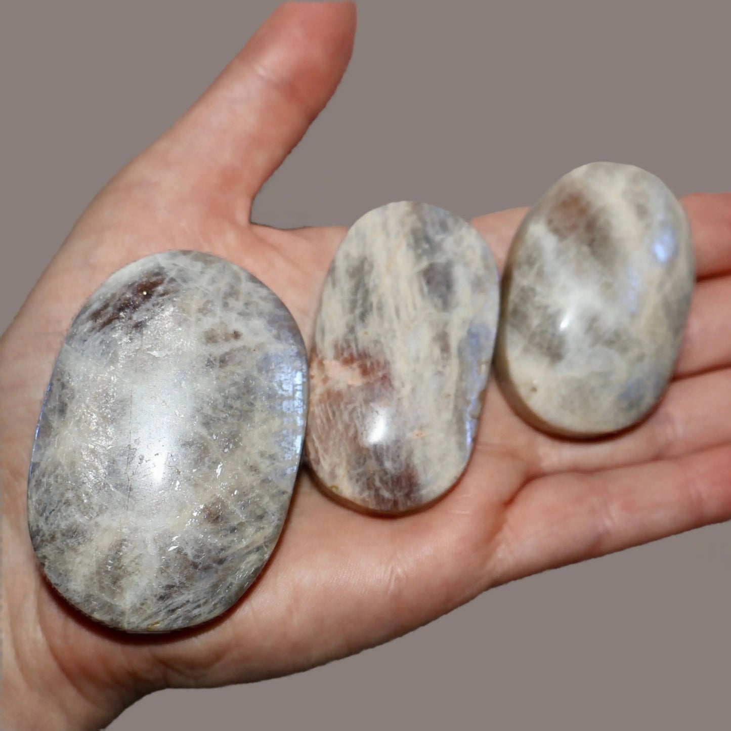 Moonstone Palm Stone with Rainbow Aura Inclusions - Wax | Wane