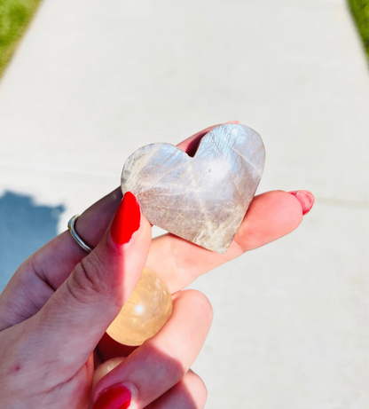 Moonstone Palm Stone with Rainbow Aura Inclusions - Wax | Wane