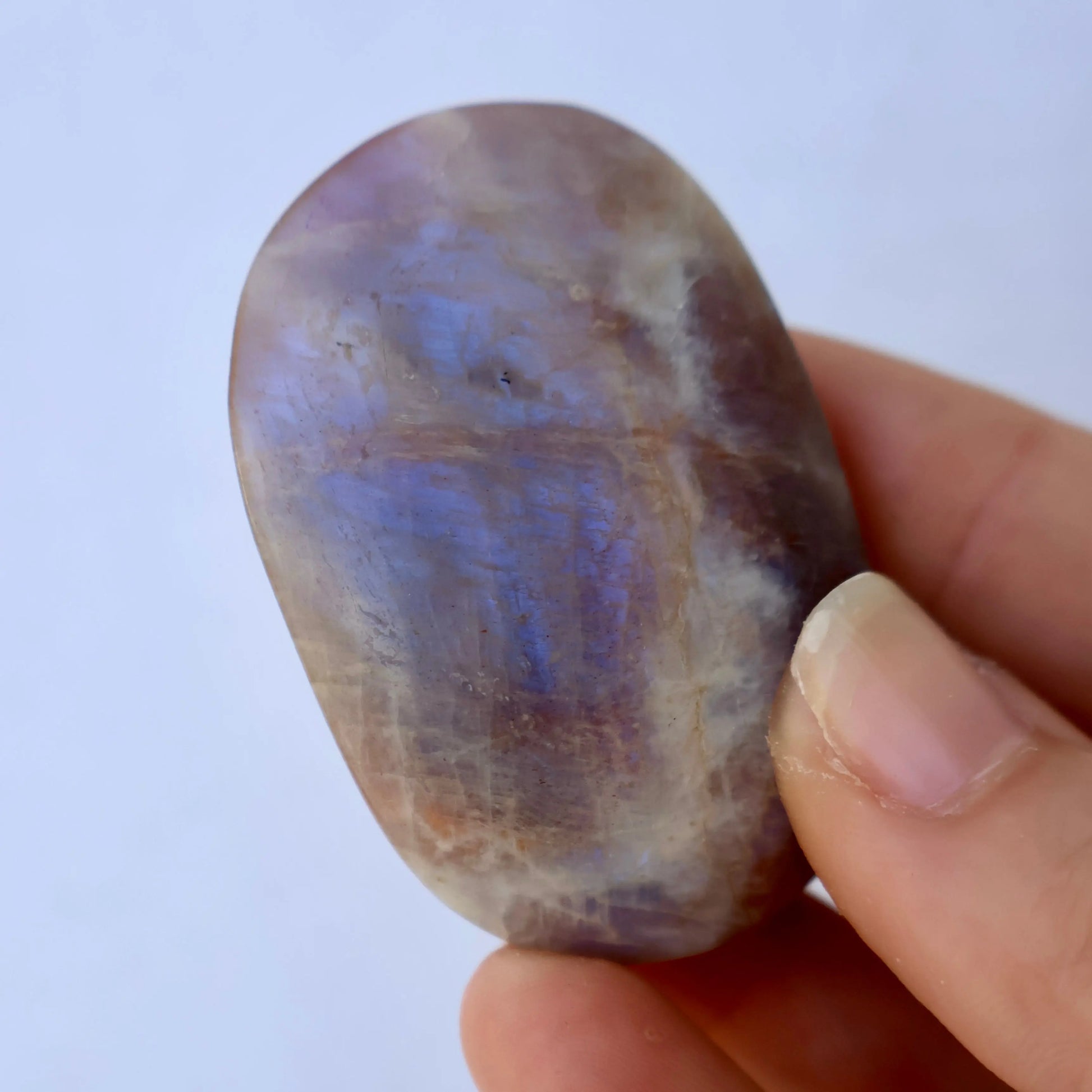 Moonstone Palm Stone with Rainbow Aura Inclusions - Wax | Wane