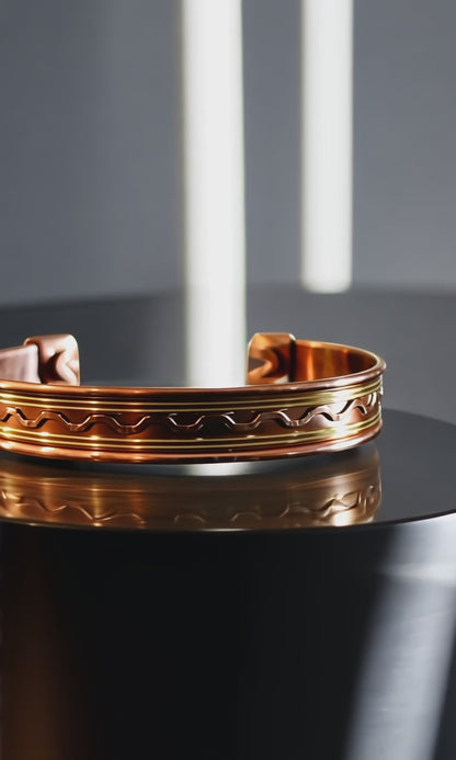 Copper Cuff Bracelet, Pure Copper with Two-Tone Brass Wave Design and 2 Magnets, Stress Relief