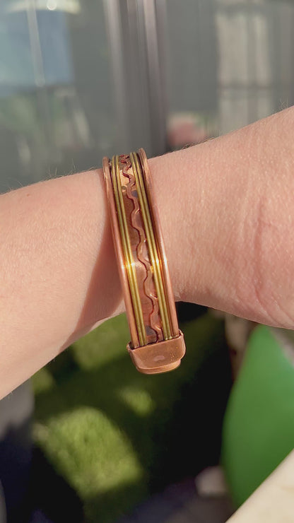 Copper Cuff Bracelet, Pure Copper with Two-Tone Brass Wave Design and 2 Magnets, Stress Relief