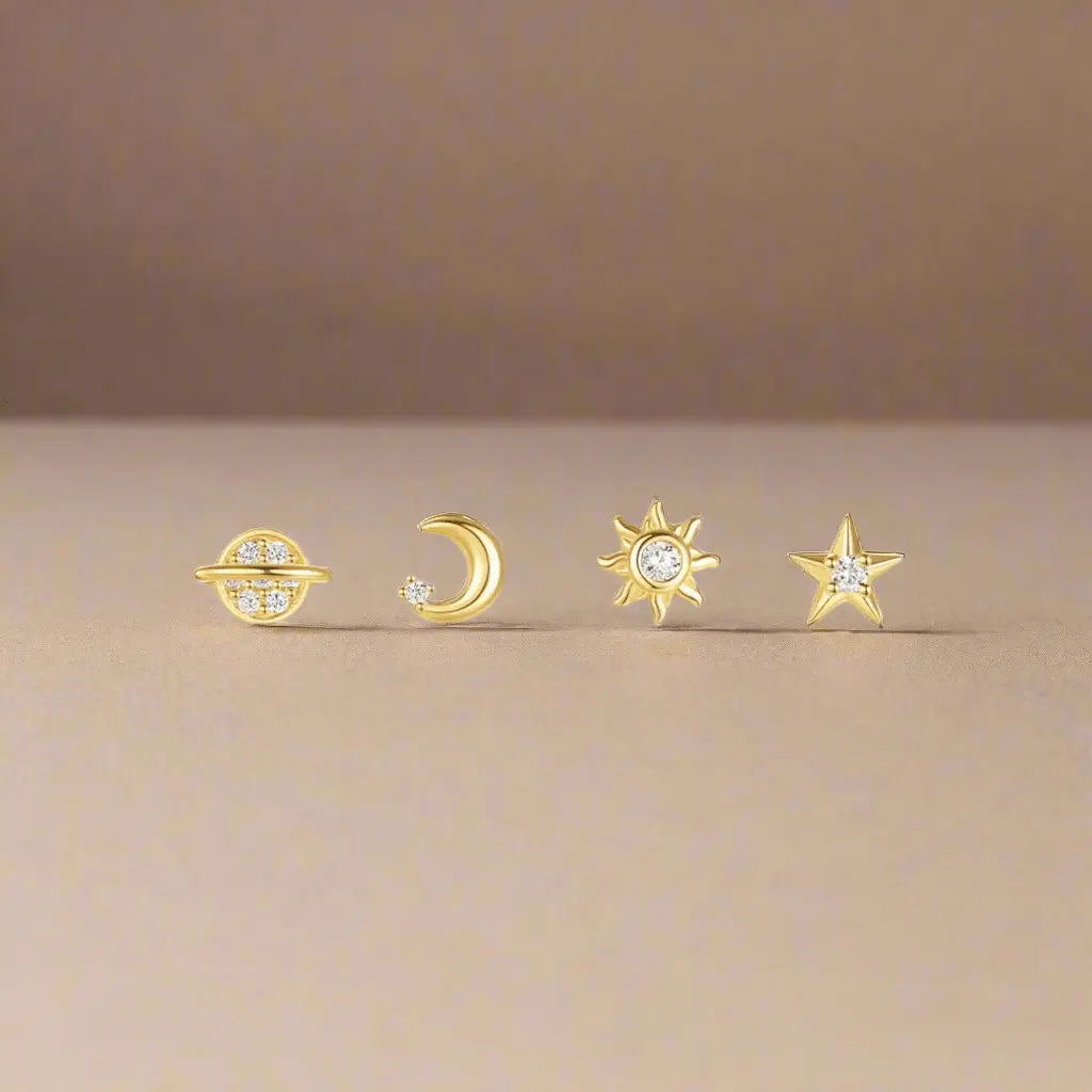 Sterling Silver Celestial Earrings - 4 piece Set with Saturn, Moon, Star, and Sun - Wax | Wane