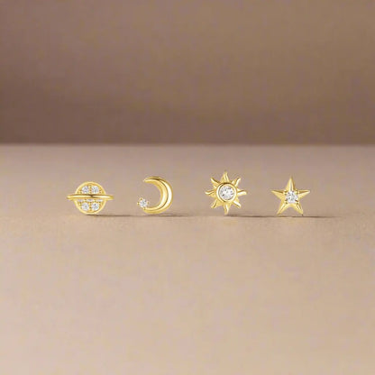 Sterling Silver Celestial Earrings - 4 piece Set with Saturn, Moon, Star, and Sun - Wax | Wane