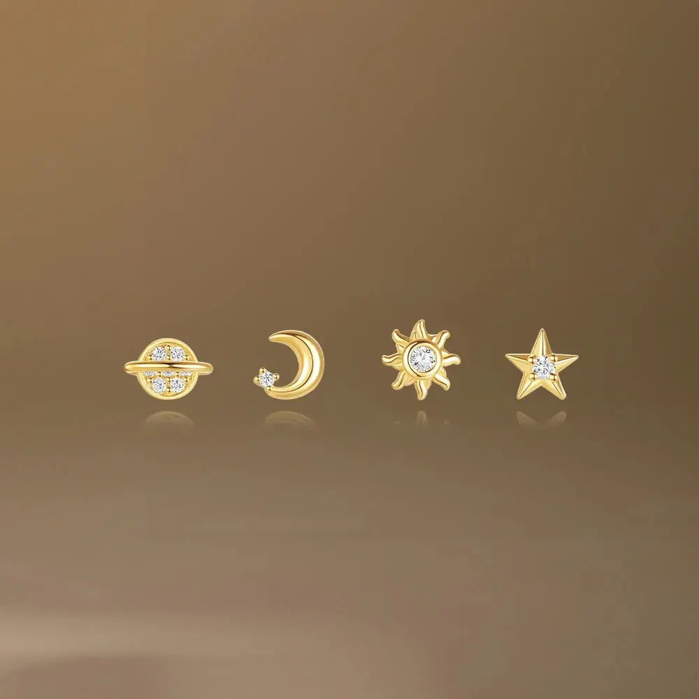 Sterling Silver Celestial Earrings - 4 piece Set with Saturn, Moon, Star, and Sun - Wax | Wane