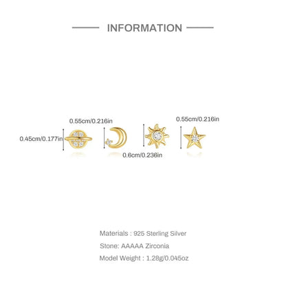 Sterling Silver Celestial Earrings - 4 piece Set with Saturn, Moon, Star, and Sun - Wax | Wane