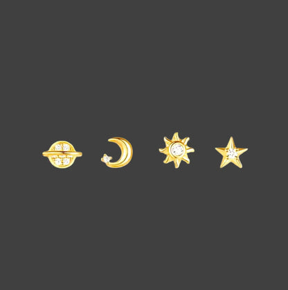 Sterling Silver Celestial Earrings - 4 piece Set with Saturn, Moon, Star, and Sun - Wax | Wane
