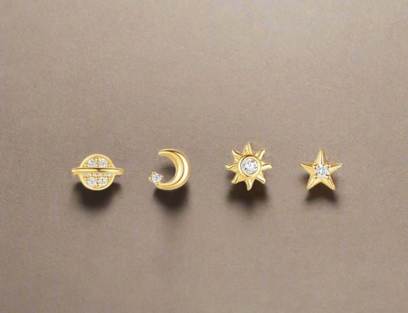 Sterling Silver Celestial Earrings - 4 piece Set with Saturn, Moon, Star, and Sun - Wax | Wane - Jewelry Accessories & Derivatives - 8