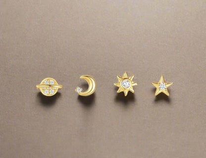 Sterling Silver Celestial Earrings - 4 piece Set with Saturn, Moon, Star, and Sun - Wax | Wane - Jewelry Accessories & Derivatives - 8
