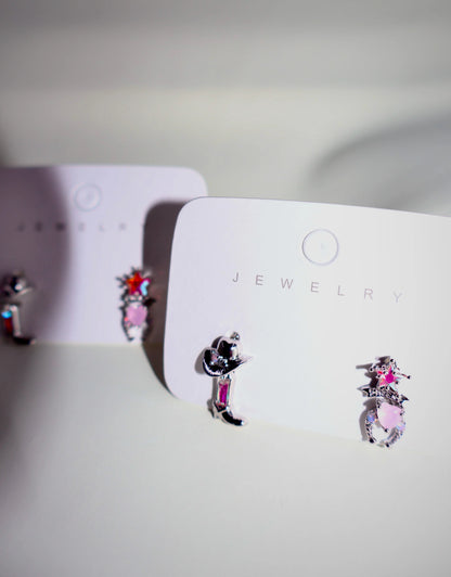 Western Charm Earring Set – 18k Gold & Silver Cowboy Studs | Rhinestone Accents, 4 - Piece Limited Edition - Wax | Wane
